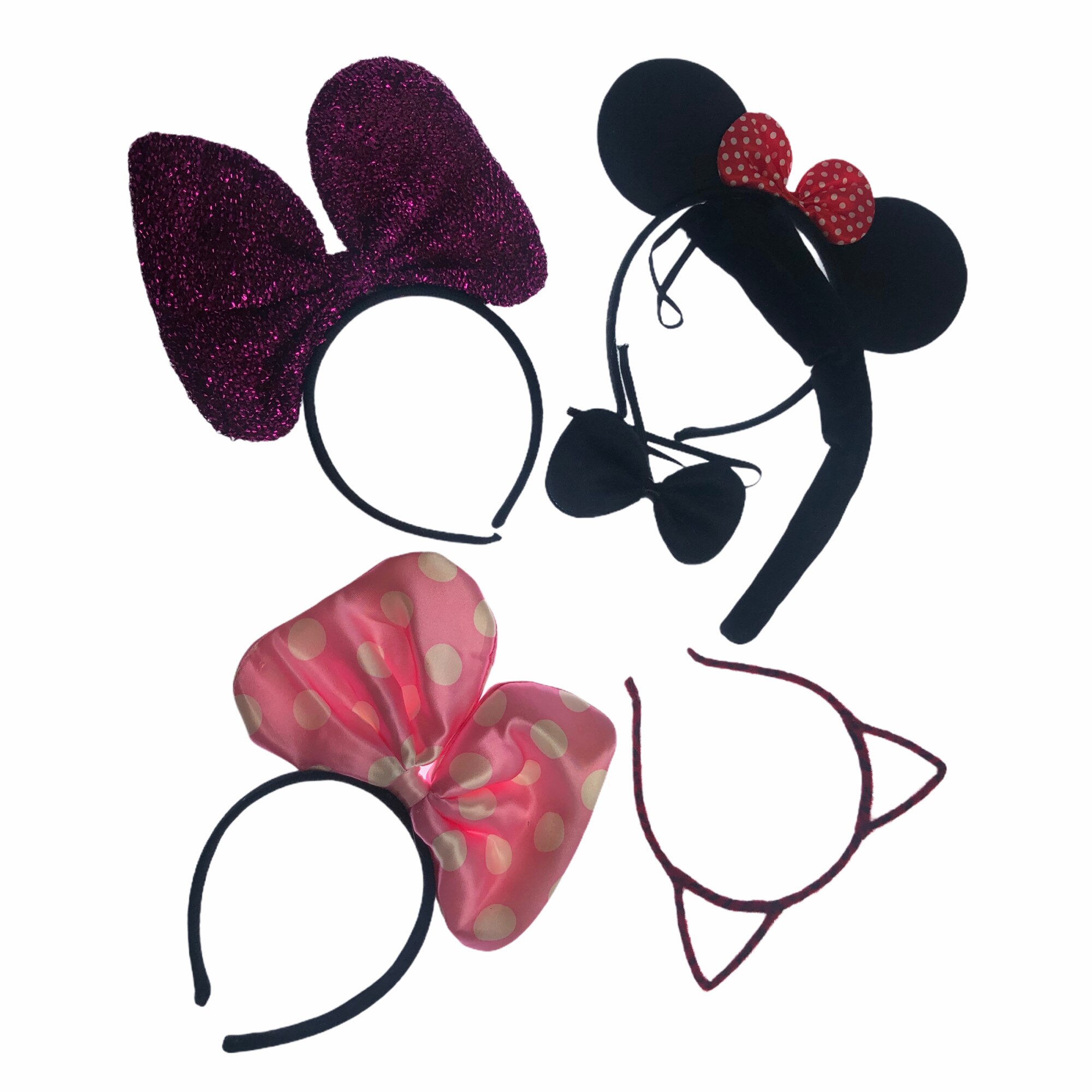 Set 4 coronite petrecere, Minnie Mouse/Pisica, Atelier, Plastic/Textil, Rosu/Negru/Roz